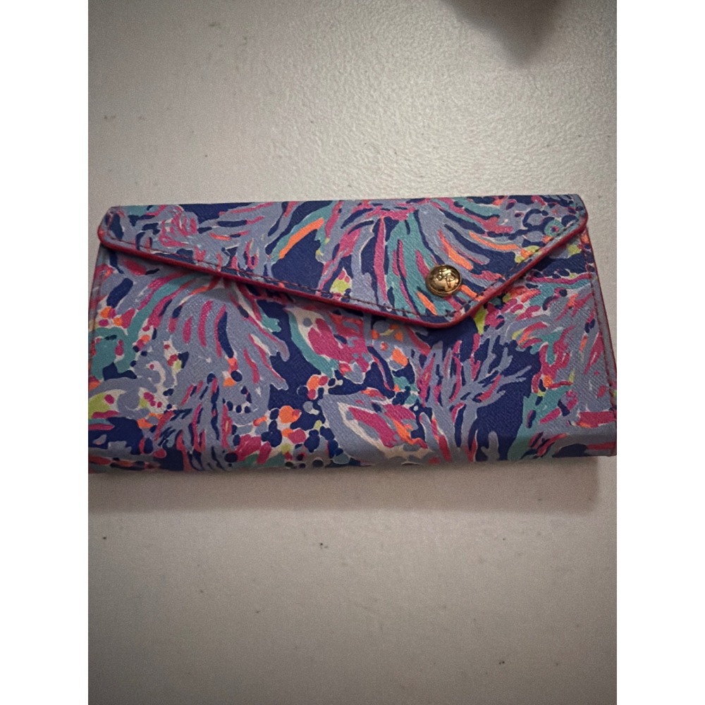 Lilly Pulitzer Envelope Wallet Blue Pink Coral Reef‎ Print Gold Interior Snap